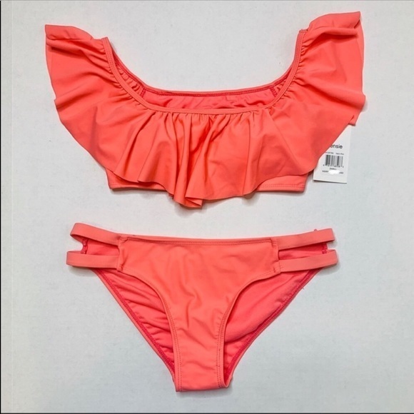 NWT Kenzie Coral Pink ruffle bandeau off the shoulder bikini swimsuit Small S - Picture 2 of 7